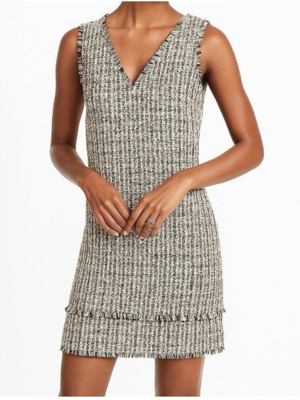 LOFT Womens Dress Size 12 Tweed Sleeveless V-Neck Fringe Navy White Gold NWT - Picture 3 of 11